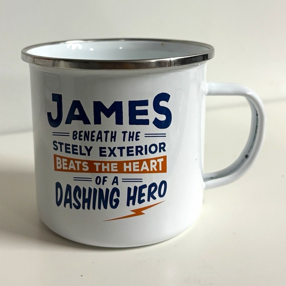 James Enamel Camp Coffee Mug 14 fl oz White Silver Novelty Dashing Hero Mug